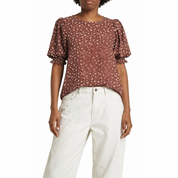 Pleione Tops - Pleione Brown Floral Puff-Sleeve Blouse